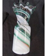 Vintage Fenton Style Hand Blown Glass Green Opaque White Swirl Ruffled V... - $75.99