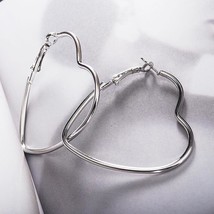 2&quot; Silver Open Heart Hoop Pierced Earrings Minimalist Simple - £8.56 GBP