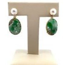 14K Yellow Gold, Carved Jade &amp; 7.2mm Cultured Pearl Screw Back Earrings!... - €670,56 EUR