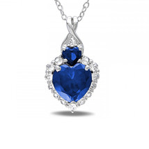 Heart Shape Halo Blue Simulated Sapphire Pendant Sterling Silver Chain Necklace - £35.59 GBP+