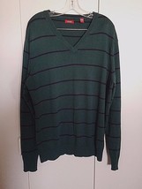 IZOD MEN&#39;S LS V-NECK SWEATER-L-100% COTTON-LIGHTWEIGHT-GREEN STRIPE-BARE... - $6.79