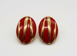 Vintage Monet 1980&#39;s oval red enamel &amp; gold tone metal clip on earrings - £15.71 GBP