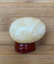 2&quot; Yellow Calcite Crystal Carved Egg W Wood Stand Chakra Healing Stone Carving - £9.29 GBP