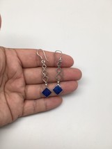 Natural Lapis Lazuli Sterling Silver 1 Square Dangle Earrings Afghanistan,SE27 - £11.01 GBP