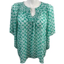 Charter Club Woman Sheer Green White Geometric Print Blouse Flutter Slee... - £13.47 GBP