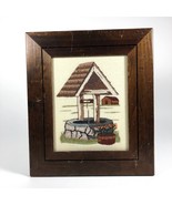 Vintage Wishing Well Barn Folk Art Hooked Linen Rug Mounted Framed 12.5 ... - £32.41 GBP