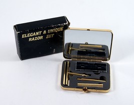 Elegant Razor Gold Tone + Original Engraved Compact Case/Box Men&#39;s Shaving NIB - £9.50 GBP