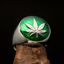 Men&#39;s Ring domed green Cannabis Marihuana Marijuana Leaf - Sterling Silver - £59.33 GBP