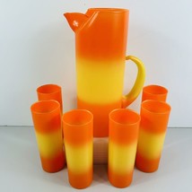 VTG MCM Glass Beverage Set Pitcher 6 Tumblers Orange Yellow Candy Corn Halloween - £180.91 GBP