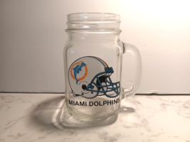 Vintage Miami Dolphins Drinking Glass Mason Jar Handle Glass Classic Logo NFL - £11.02 GBP