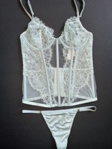 Victoria&#39;s Secret unlined M CORSET bustier+thong shine strap MINT lace VERY SEXY - £77.97 GBP
