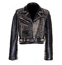 Rocky Style Woman Full Heavy Metal Spiked Studded Brando Black Leather Jacket - £202.89 GBP