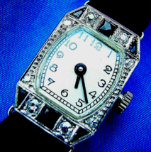 Diamond Onix Deco Gatsby era Watch Antique European Design Solid 18k White Gold - $2,465.25