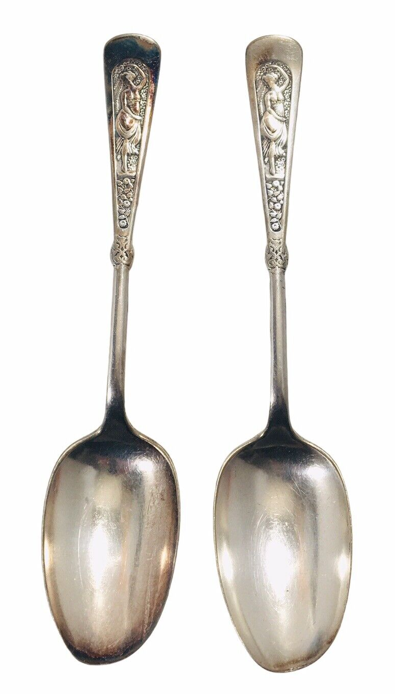 Primary image for Antique 1847 ROGERS BROS Woman on Handle Pregnant? Silver Plated SPOONS Lot of 2