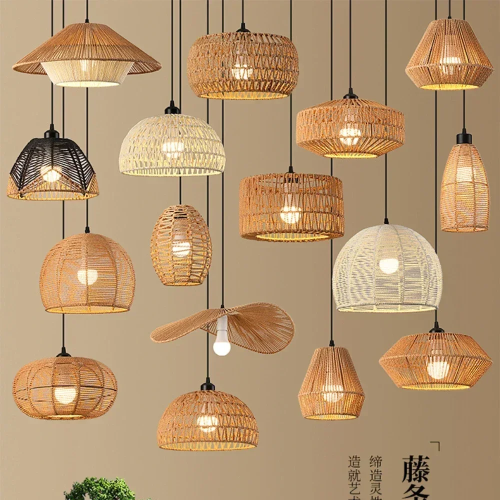 Chandelier with handwoven rattan basket lampshade hanging light fixture bedroom kitchen thumb200