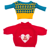 DOLL Clothes 2 Sweaters Red Be Mine Applique Heart Yellow Blue Banded Pattern - £12.72 GBP