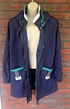 Vintage Rain Jacket Medium Blue Green Shoulder Pads Zipper CS Essentials Retro - £9.07 GBP