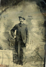 Antique Tintype photograph Studio 1800s Well Dressed Man Art Nouveau Back Scene - £15.24 GBP