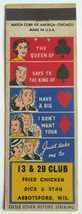 13 &amp; 29 Club - Abbotsford, Wisconsin Restaurant 20 Strike Matchbook Cover Cards - £1.49 GBP