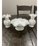 Fenton Silver Crest Violets In The Snow Double Crimp Compote Vases Set S... - €110,29 EUR