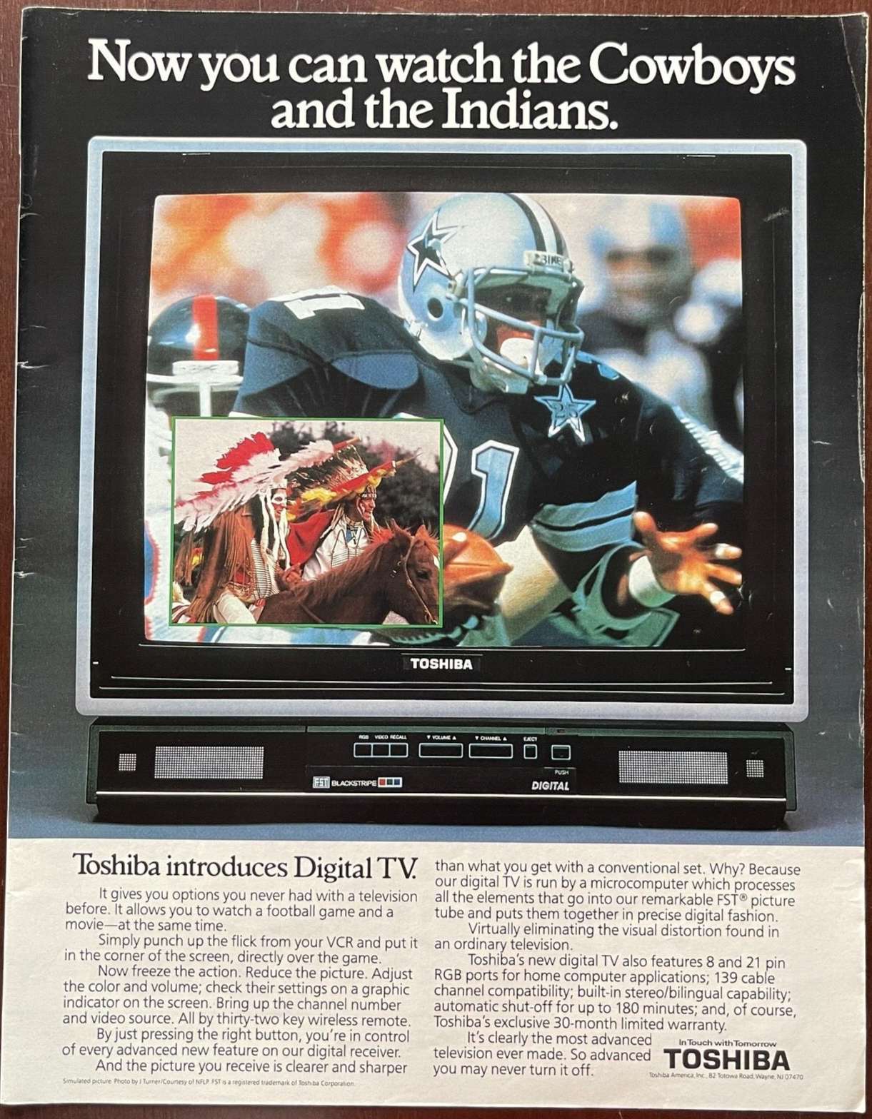 1985 Toshiba Vintage Print Ad Now You Can Watch The Cowboys And The Indians - $14.45