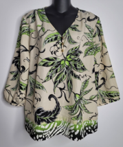 Chicos Womens Top Blouse 2 Large Tropical Leaves Print Green 3/4 Sleeves Buttons - £23.17 GBP