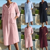 Linen Mini Dresses with Pockets, Summer Fit for Women, Plus Size Loose D... - $27.99