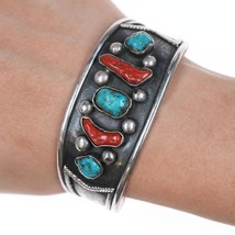 6 3/8&quot; vintage Native American silver, turquoise, and coral cuff bracelet with - $282.15