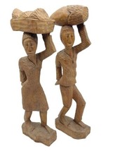 African Folk Art Pair Hand Carved Wood Man &amp; Woman Tribal Figures Tall 17&quot; - $40.00