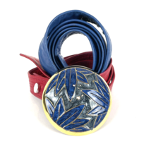 Vintage Alexis Kirk Belt Buckle Cloisonne Gold Blue &amp; Extra Leather Straps Red - £51.98 GBP