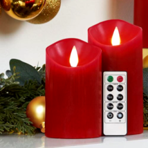 New Set 2 Red Flameless Flicker Pillar Candles Timer &amp; Remote Patriotic Holiday - £25.88 GBP