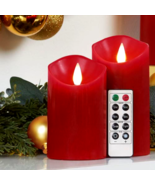 NEW Set 2 RED FLAMELESS Flicker Pillar CANDLES Timer &amp; Remote Patriotic ... - $32.66