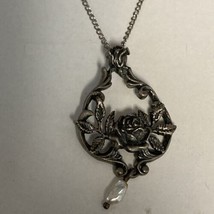 Franklin Mint Sterling Silver Floral Rose Freshwater Pearl Drop Pendant Necklace - $24.70