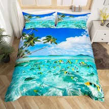 Summer Beach Duvet Cover Set Queen Ocean Bedding Set Hawaiian Palm Trees Marine  - £47.15 GBP