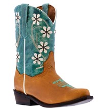 Kids Western Boots Flower Embroidered Leather Teal Snip Toe Botas Vaquera - £43.25 GBP