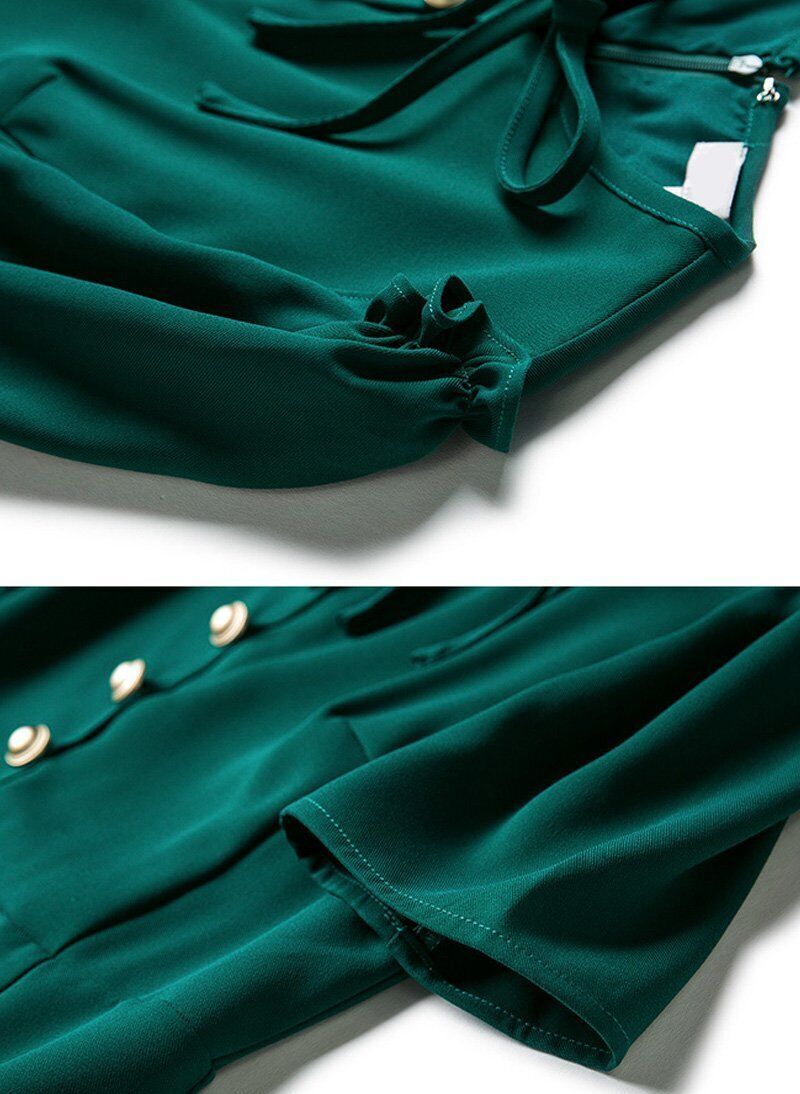 Kate Middleton Inspired Gold Button Front Silk Green Midi Sheath Dress Item image 7