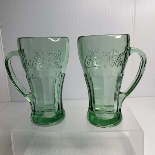 Pair VINTAGE  Libbey Coca-Cola Mug-Thick Green Glass with Handle. - £12.34 GBP