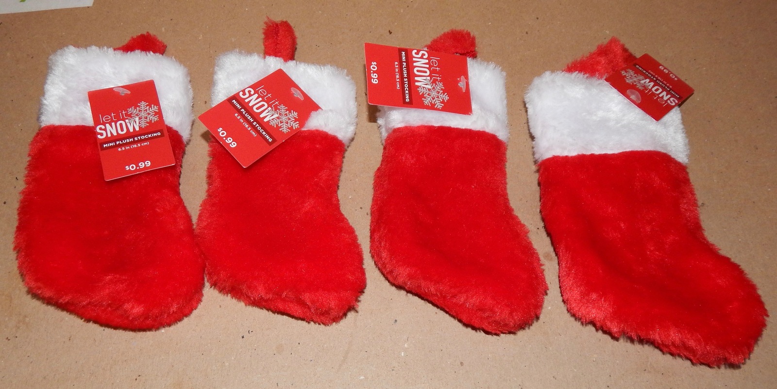 Christmas Mini Plush Stockings 6&quot; x 4&quot; Let It Snow 4 Each 152Q - $3.99