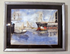 Nautical Harbor Scene Water Color Painting Boats Docking Matted Framed Signed - £59.94 GBP