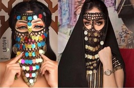 2 Egyptian Belly Dance Face Veil Set Crochet Golden Coins &amp; Colorful Coins - £37.75 GBP
