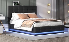 Queen Size PU Storage Bed with LED Lights and USB charger, Black - £344.91 GBP