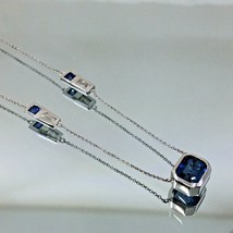 Women&#39;s Cable Necklace Solid 18k White Gold Octagon Sapphire Baguette Diamonds - £1,050.35 GBP