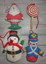 Vintage Lot of 4 Plush Stuffed Fabric Sewn Christmas Ornaments Santa Snowman - £10.94 GBP
