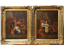 17C baroque Dutch pair antique oil paintings on wood Fine genre scenes in tavern - £2,839.43 GBP