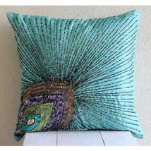 Peacock Feather Blue Art Silk Pillow Covers 16&quot;x16&quot;, Peacock Grace - £24.10 GBP+