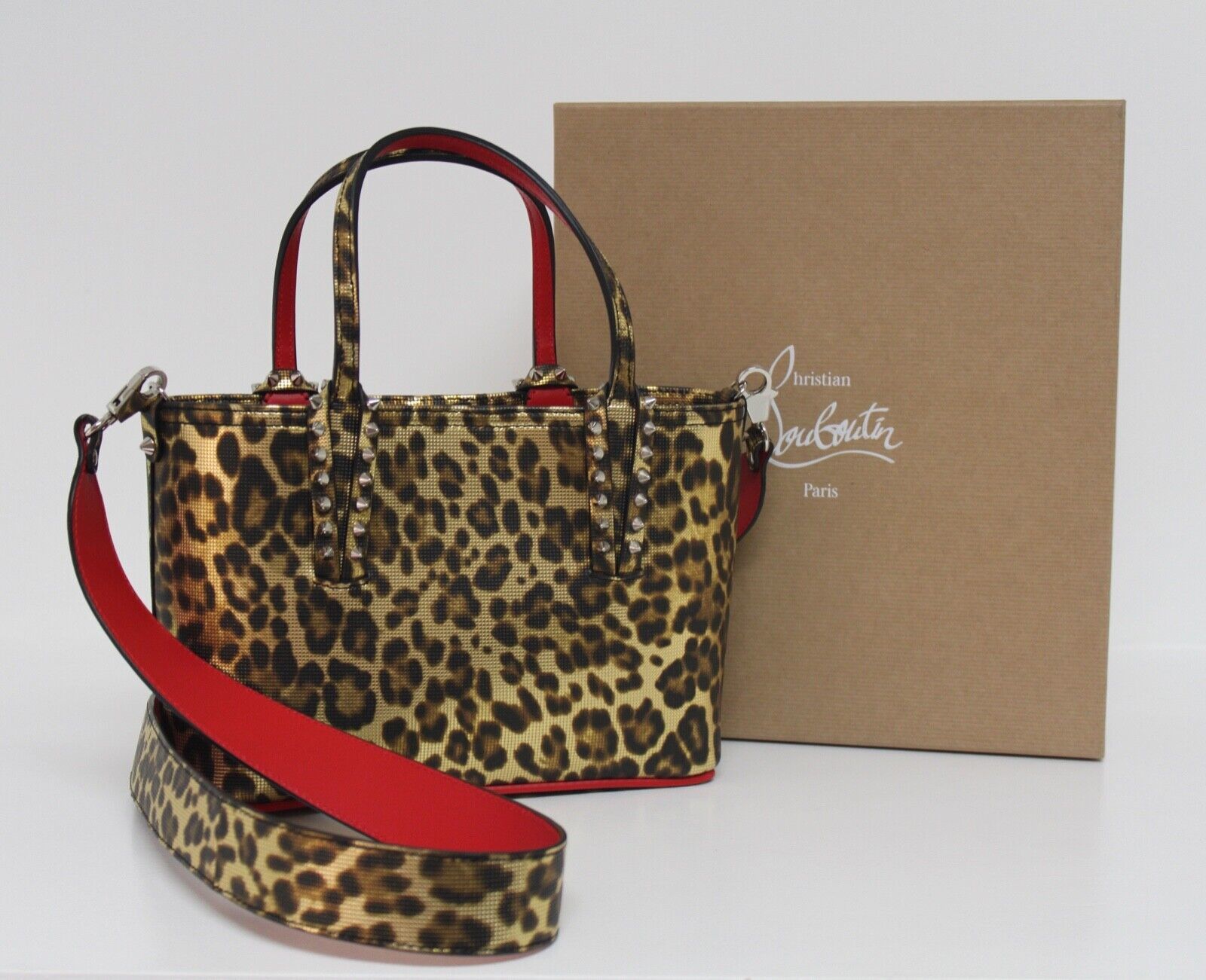 Primary image for Christian Louboutin Mini Cabata Leopard Print Metallic Tote Messenger Bag