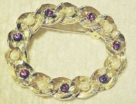 Gerry’s Signed Pin Brooch Gold Oval Pearl Amethyst Crystal Rhinestone Vintage - £8.64 GBP