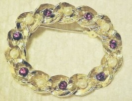 Gerry’s Signed Pin Brooch Gold Oval Pearl Amethyst Crystal Rhinestone Vintage - £8.68 GBP