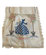 Cross Stitch Victorian Woman Gardening Roses Flowers Dresser Scarf Table... - $32.71