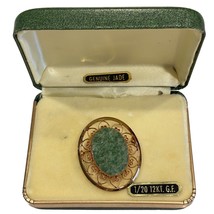 Vintage 12K Gold Filled Filligree Genuine Jade Brooch Pin in Original Box - $29.69